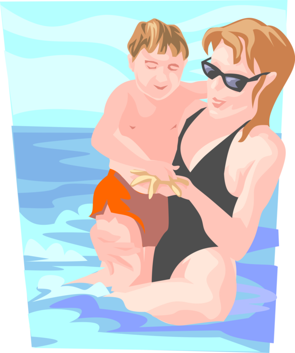 Vector Illustration of Mother and Child at Beach Swim in Ocean