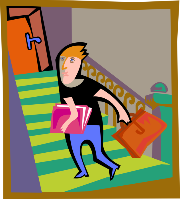 Vector Illustration of Man Climbing Stairs with Work Files and Briefcase
