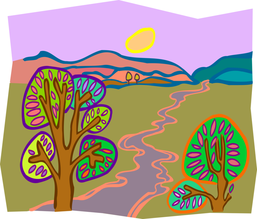 Vector Illustration of Trees by Stream with Hills and Sun
