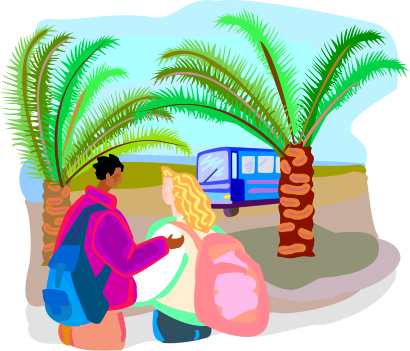 Vector Illustration of Travel Companions Wait for Tour Bus in Tropical Destination