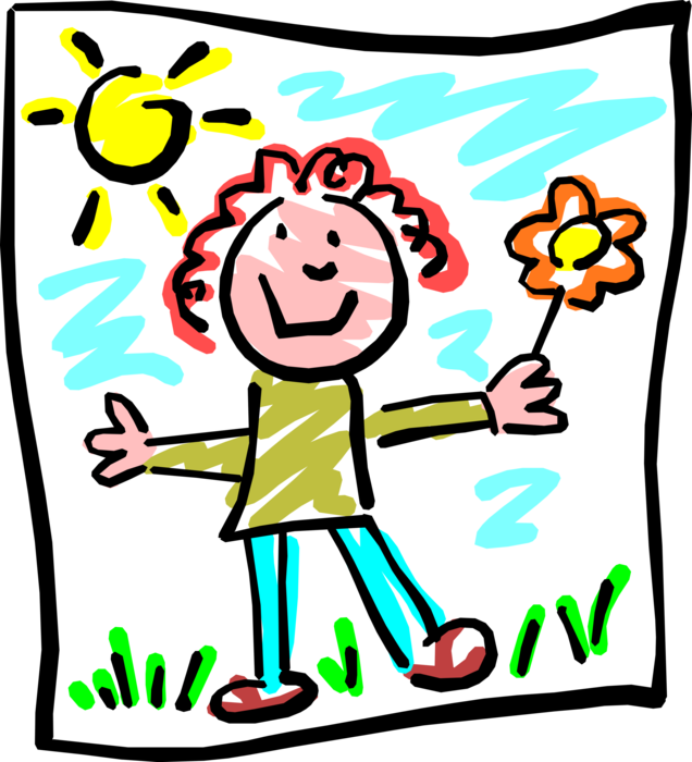 Vector Illustration of Child's Drawing of Happy Kid with Flower on Sunny Summer Day