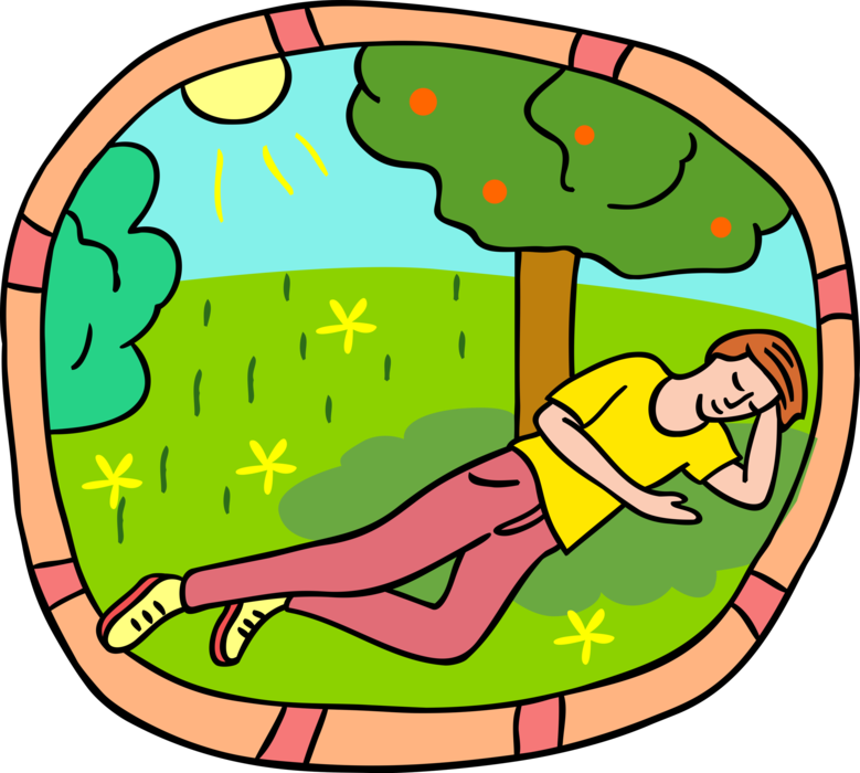 Vector Illustration of Teenager Falls Asleep While Relaxing under Apple Tree