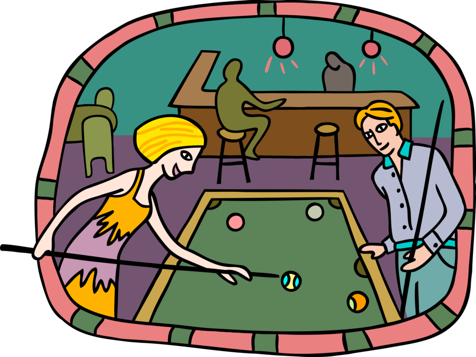 Vector Illustration of Couple Playing Pool at Pocket Billiards Table in Bar