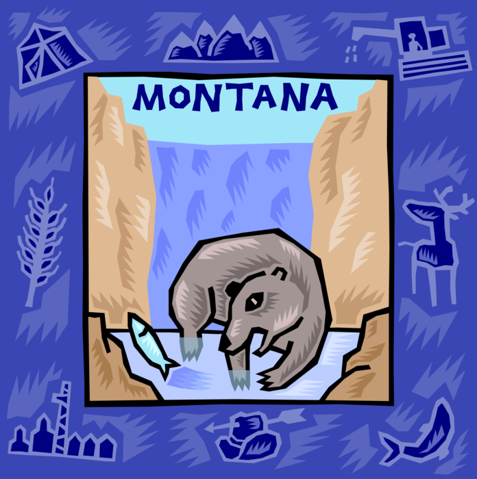 Vector Illustration of Montana Postcard Design with Grizzly Bear Hunting Fish in River