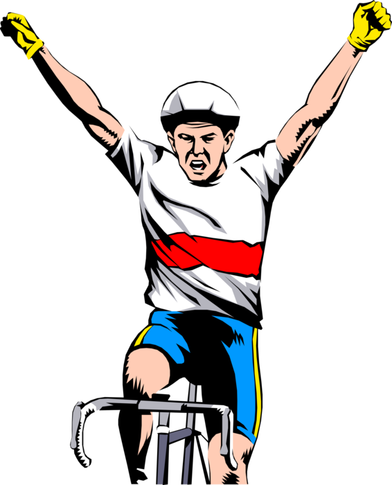 Vector Illustration of Cycling Enthusiast Winning Race Raises Arms in Victory