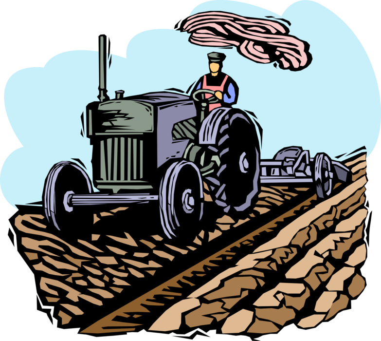 Vector Illustration of Farmer with Tractor Tilling and Preparing Soil on Farm