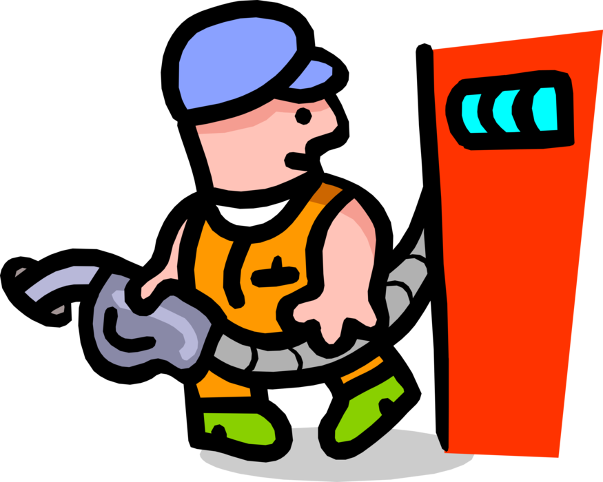 Vector Illustration of Gas Station Service Attendant with Gas Pump and Hose