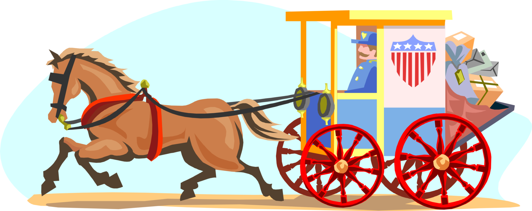 Vector Illustration of Horse-Drawn U.S. Post Office Mail Carriage with Parcels and Packages
