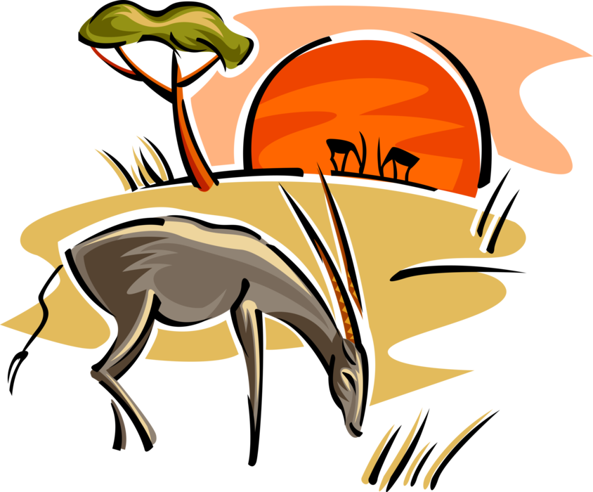 Vector Illustration of African Antelope Grazing as Sun Goes Down