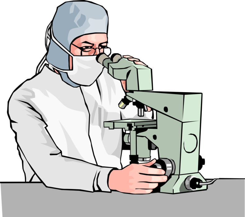 Vector Illustration of Scientific Research Technician Looks Through Microscope