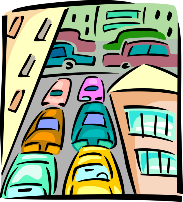Vector Illustration of Rush Hour Traffic Congestion in the City Downtown