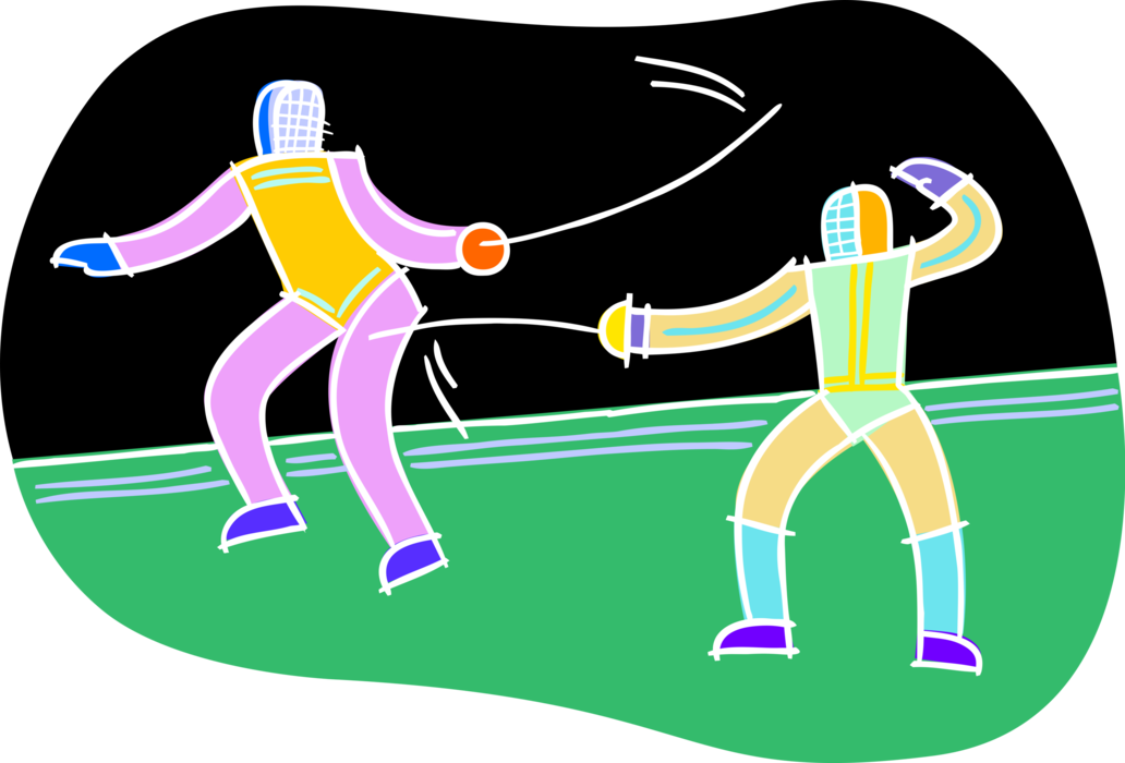 Vector Illustration of Fencers Fencing in Swordsmanship Competition with Foil Swords