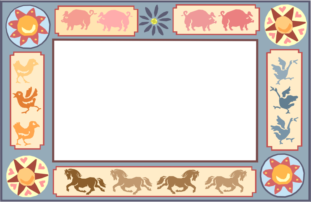 Vector Illustration of Farm Agriculture Livestock Animals with Pigs, Horses, Geese and Chickens Border Frame