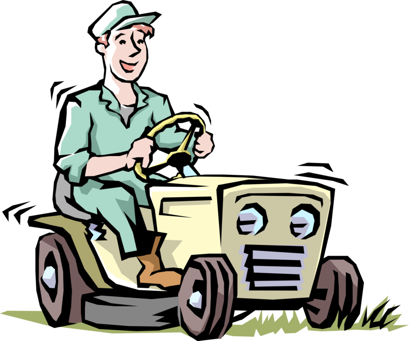 Vector Illustration of Lawn Care Specialist Mowing the Lawn with Riding Lawn Mower