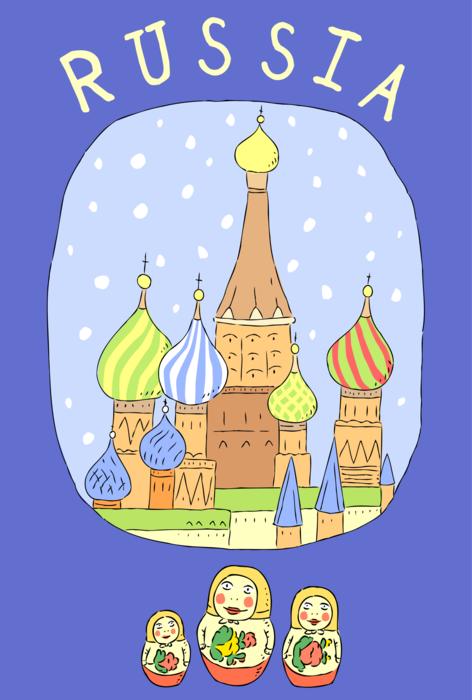Vector Illustration of Russia Postcard Design with St. Basil's Christian Church Cathedral, Moscow, Russia