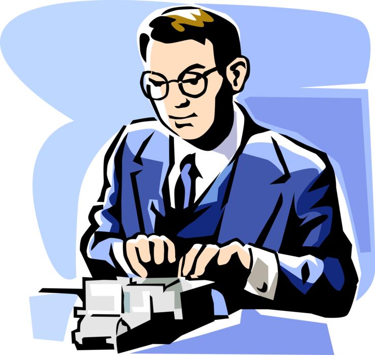 Vector Illustration of Accountant Bookkeeper Adds Numbers on Adding Machine Calculator