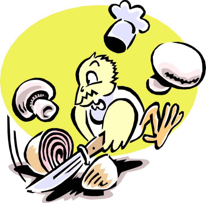 Vector Illustration of Feathered Bird Chef Chopping Onions and Mushrooms