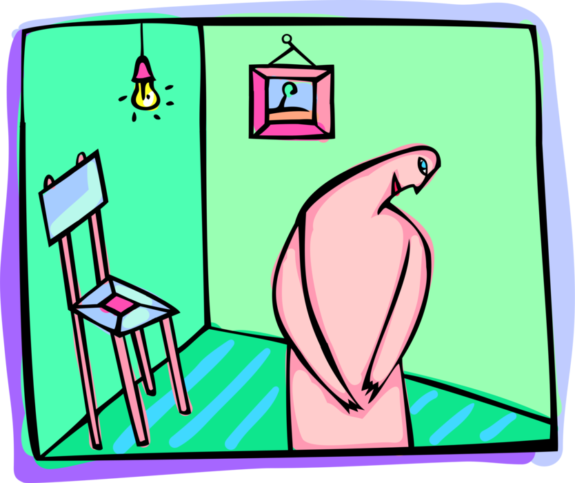 Vector Illustration of Lone Figure in Room with Chair, Light and Framed Picture