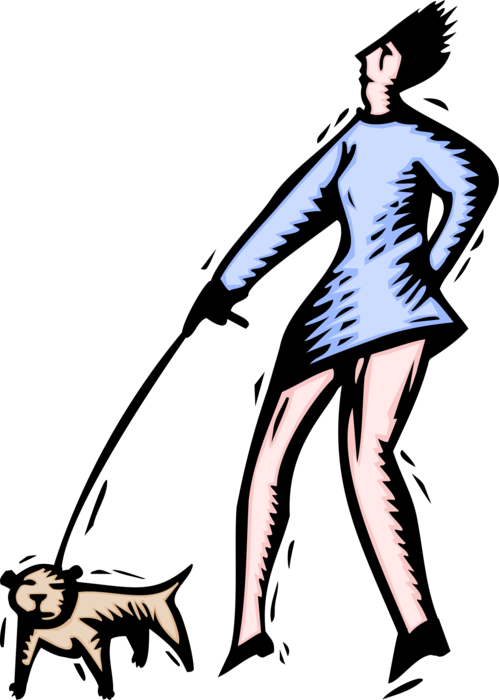 Vector Illustration of Woman Walking Dog on Leash
