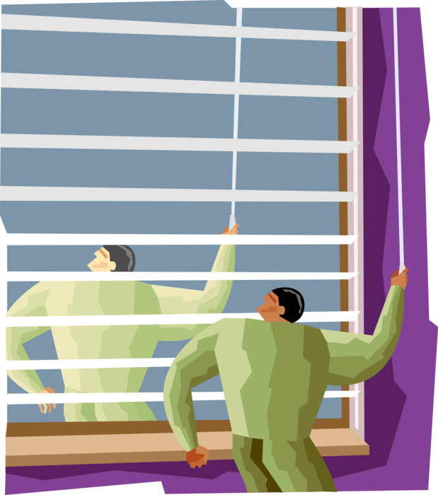 Vector Illustration of Man Opening Window Blind