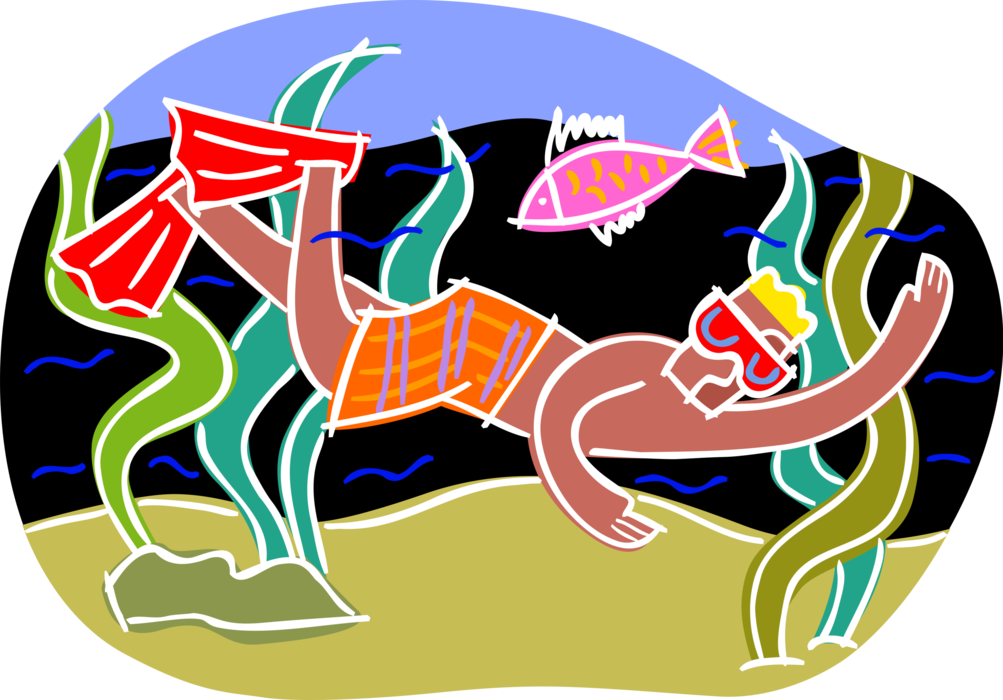 Vector Illustration of Snorkeler Snorkeling with Mask and Fins at Coral Reef