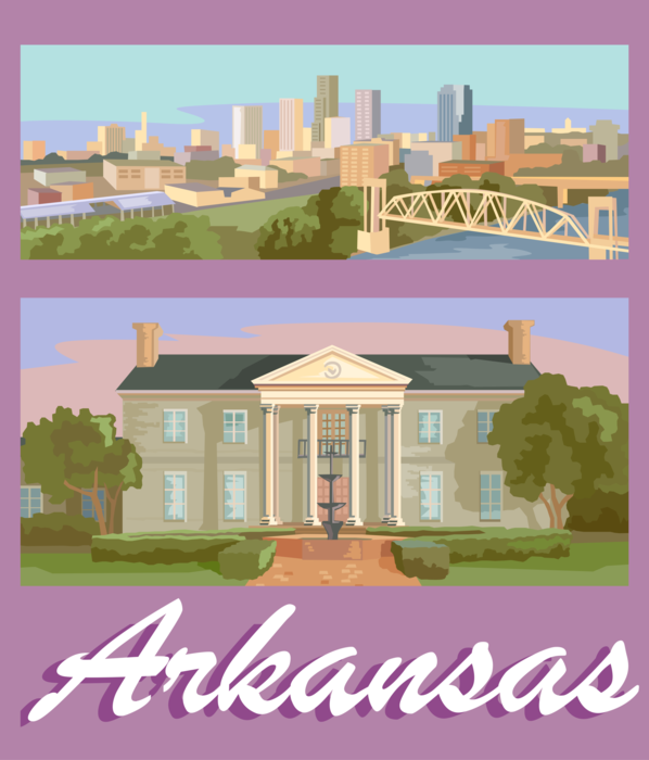 Vector Illustration of Arkansas Postcard Design with Governor's Mansion and Little Rock