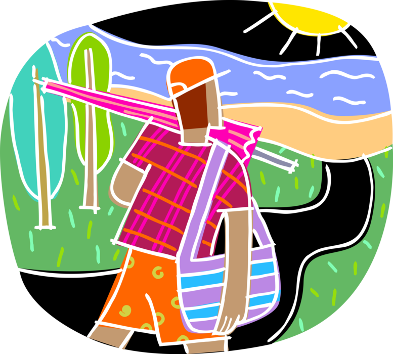 Vector Illustration of Arriving for Day at the Beach with Umbrella 