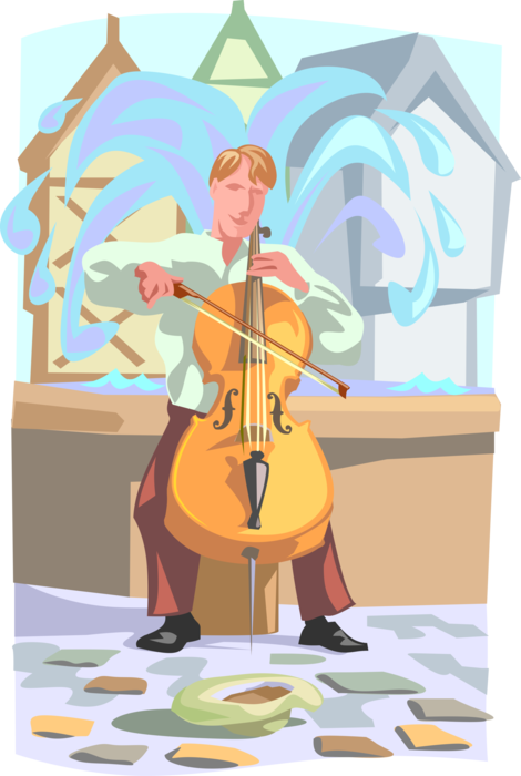 Vector Illustration of Cellist Musician Performs with Cello for Tourists in European Plaza