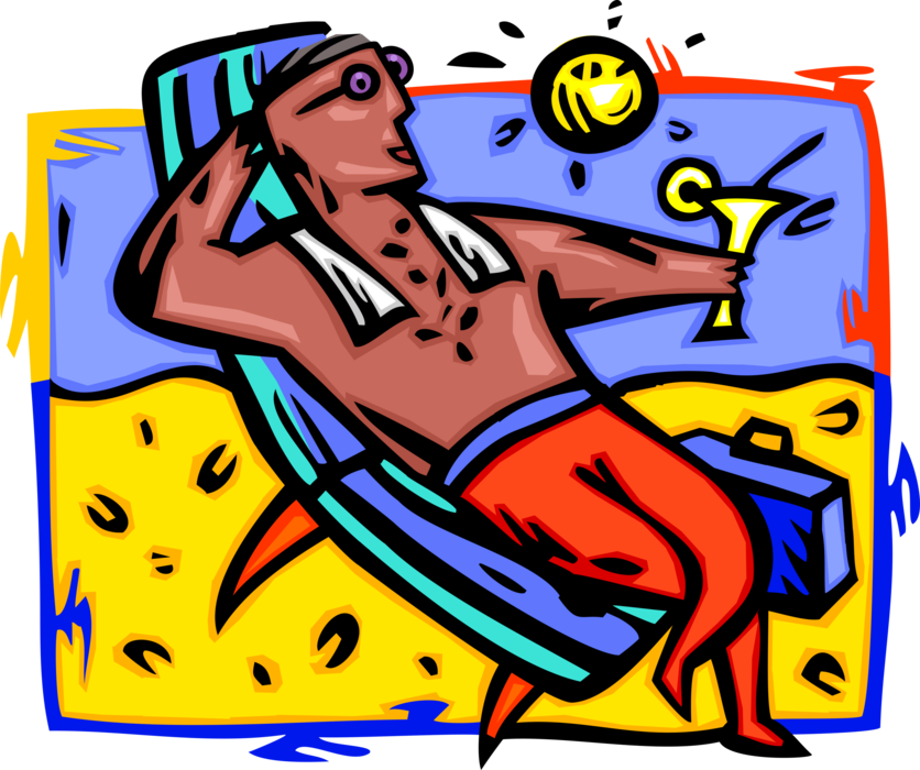 Vector Illustration of Relaxing on Beach in Lounge Chair with Alcohol Beverage Cocktail