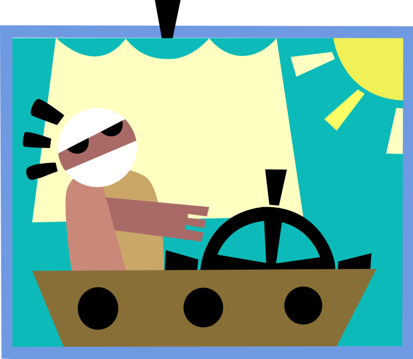Vector Illustration of Sailboat Captain Sailing Boat on Sunny Summer Day
