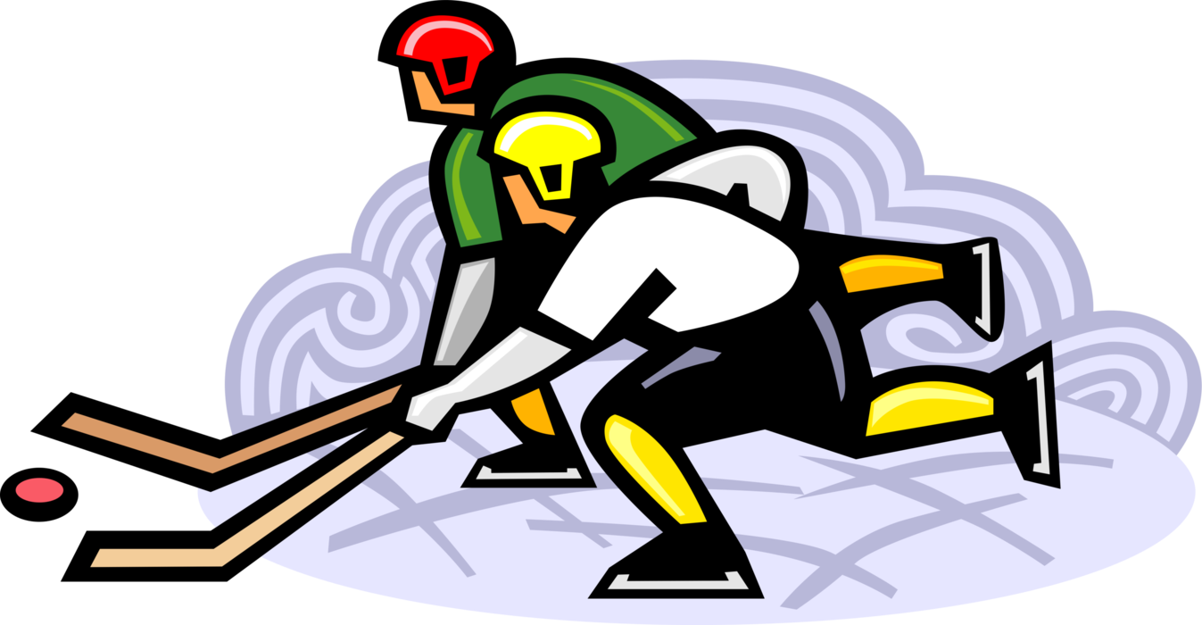 Vector Illustration of Sport of Ice Hockey Players Race Down Rink Chasing the Puck