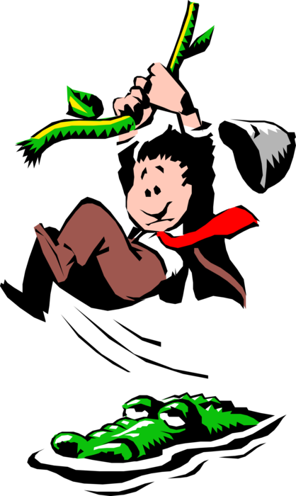 Vector Illustration of Businessman on Safari Swinging on Vine Above Hungry Crocodile