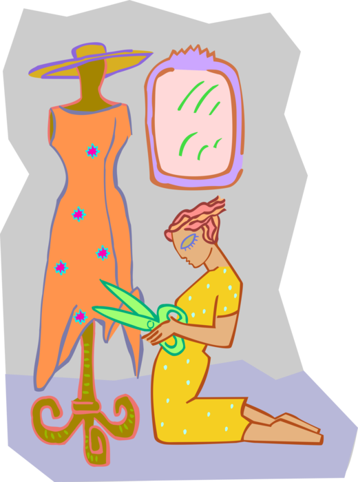 Vector Illustration of Fashion Design and Garment Industry Dressmaker Seamstress Cuts Fabric on Dress Frame with Scissors