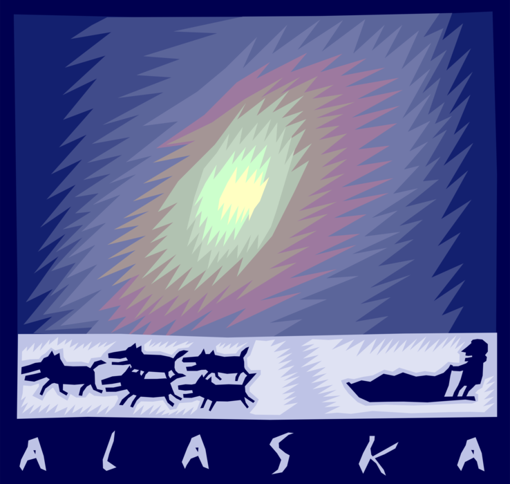 Vector Illustration of Alaska Dog Sled or Sleigh Pulled Through Ice and Snow in Alaskan Midnight Sun