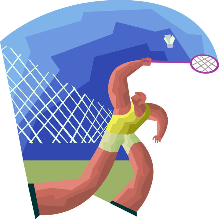 Vector Illustration of Sport of Badminton Player Hits Shuttlecock Birdie with Racket or Racquet