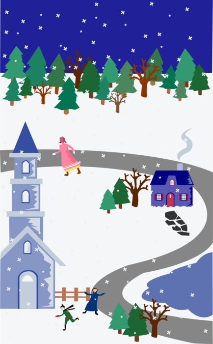 Vector Illustration of Winter Scene with Church, Family Country Home, Snow, and People