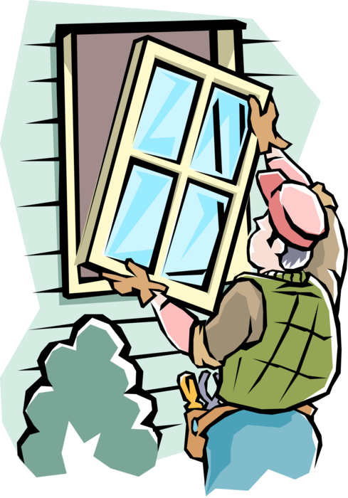 Vector Illustration of Handyman Home Renovation Expert Installing New Windows