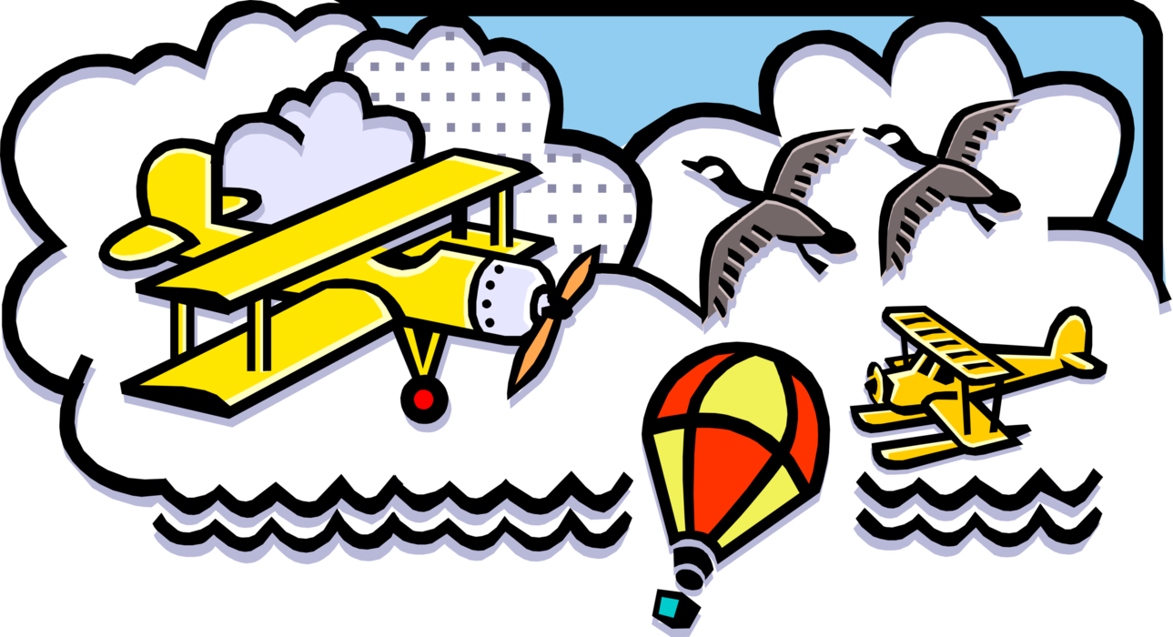 Vector Illustration of Biplane Fixed-Wing Aircraft with Migrating Geese and Hot Air Balloon
