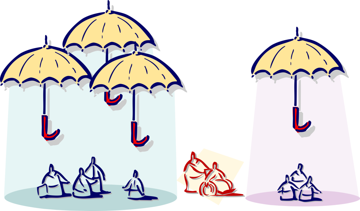 Vector Illustration of Various Life Situations that Benefit from Insurance Protection Umbrellas