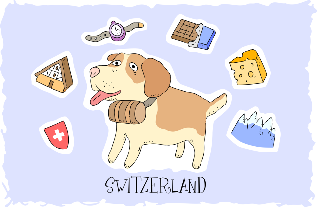 Vector Illustration of Switzerland Postcard Design Saint Bernard Swiss Rescue Dog