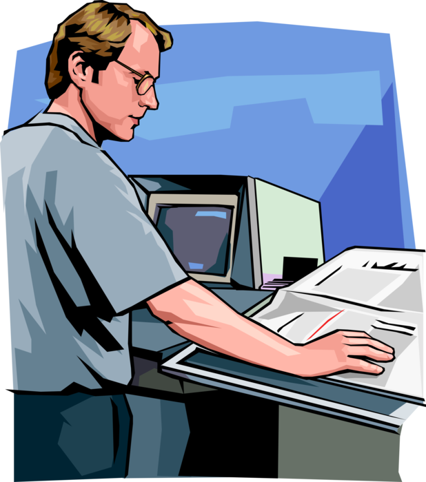 Vector Illustration of Engineer Draftsman Working in Office