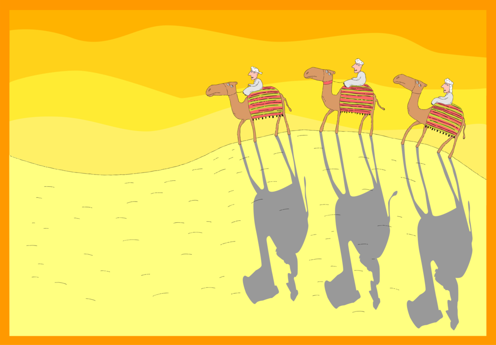 Vector Illustration of Beast of Burden Camel Caravan Treks Through Desert Sand