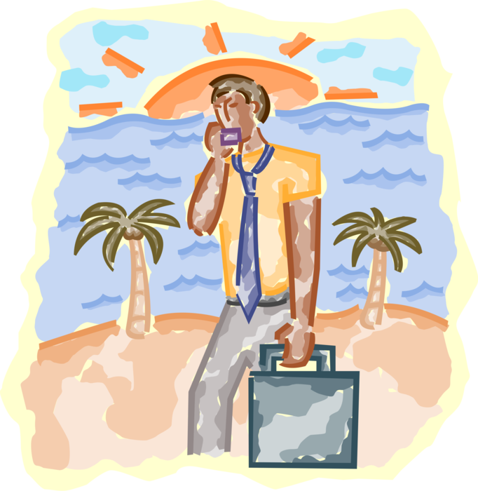 Vector Illustration of Man with Cellular Phone and Palm Trees