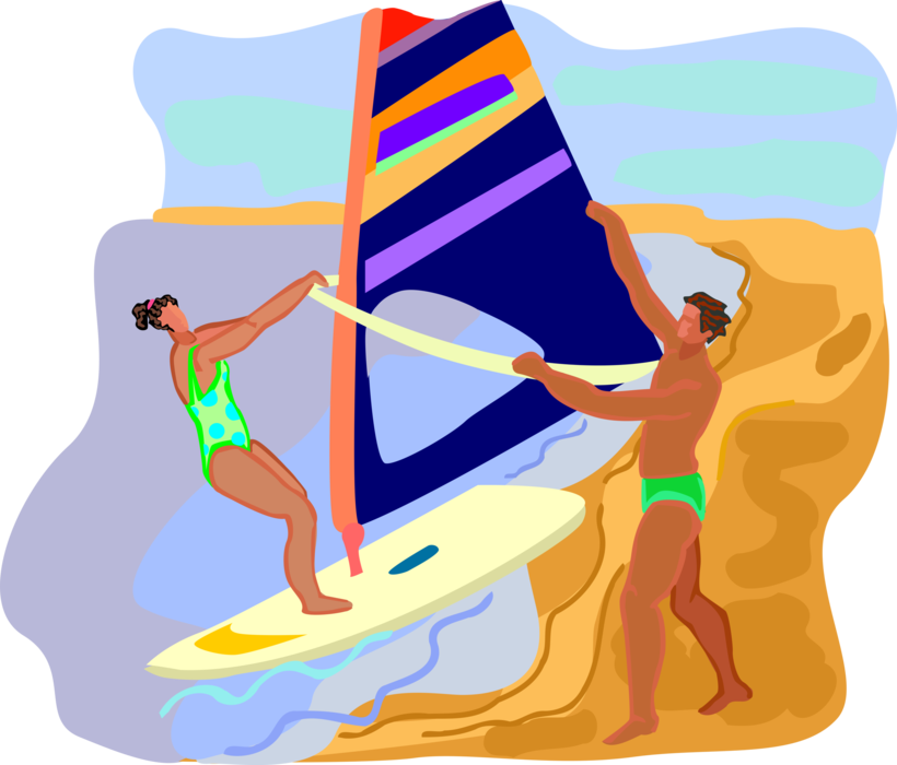 Vector Illustration of Beach Vacation Windsurfer Receives Lessons on Windsurfing with Sailboard