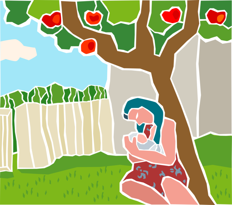 Vector Illustration of Woman with Newborn Infant Child Sitting Under Apple Tree