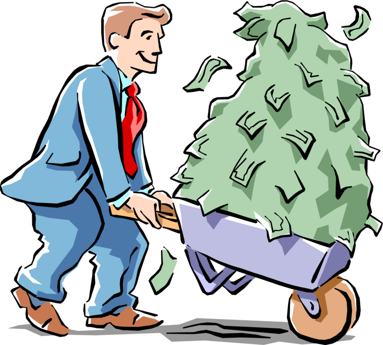 Vector Illustration of Businessman with Wheelbarrow Filled with Cash Money Dollars