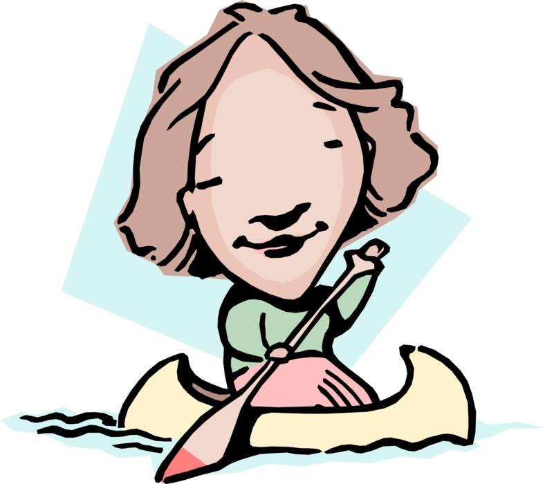 Vector Illustration of Paddling Upstream Idiom Businesswoman Paddles Canoe