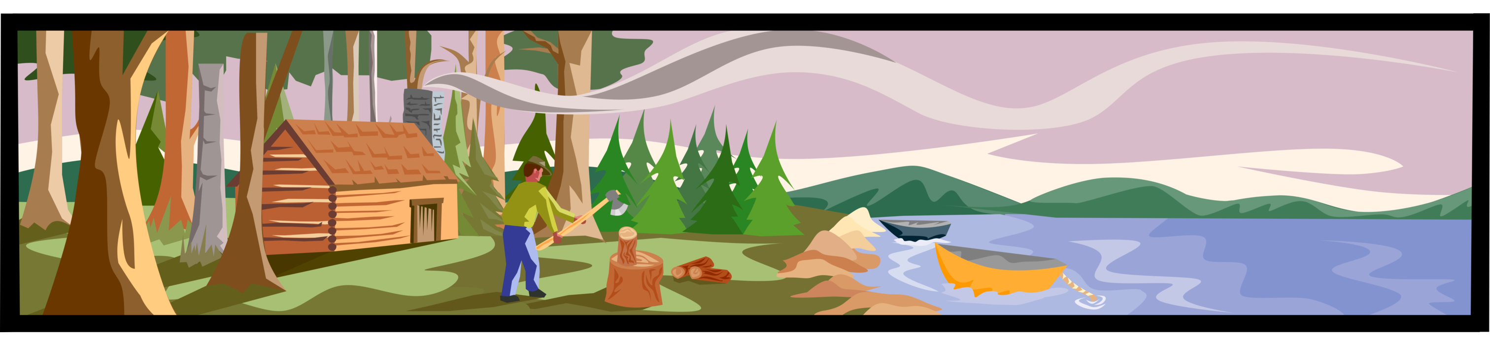 Vector Illustration of Cottage or Cabin in Woods with Lake and Canoes and Splitting Firewood with Axe