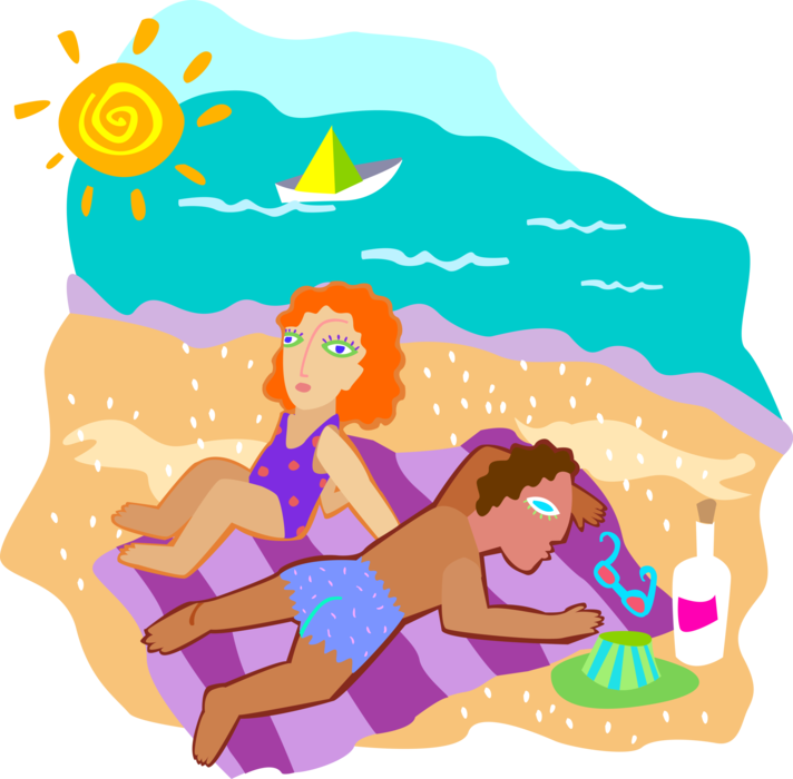 Vector Illustration of Couple Relaxing on the Beach Getting Suntans