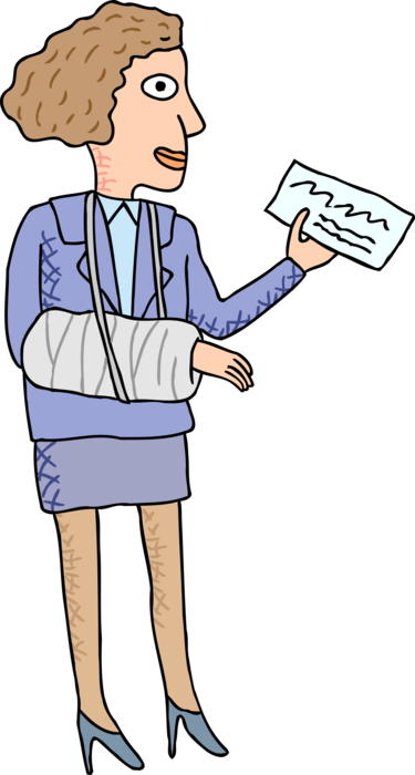 Vector Illustration of Woman with Broken Arm in Cast Paying with Check for Health Care Costs 